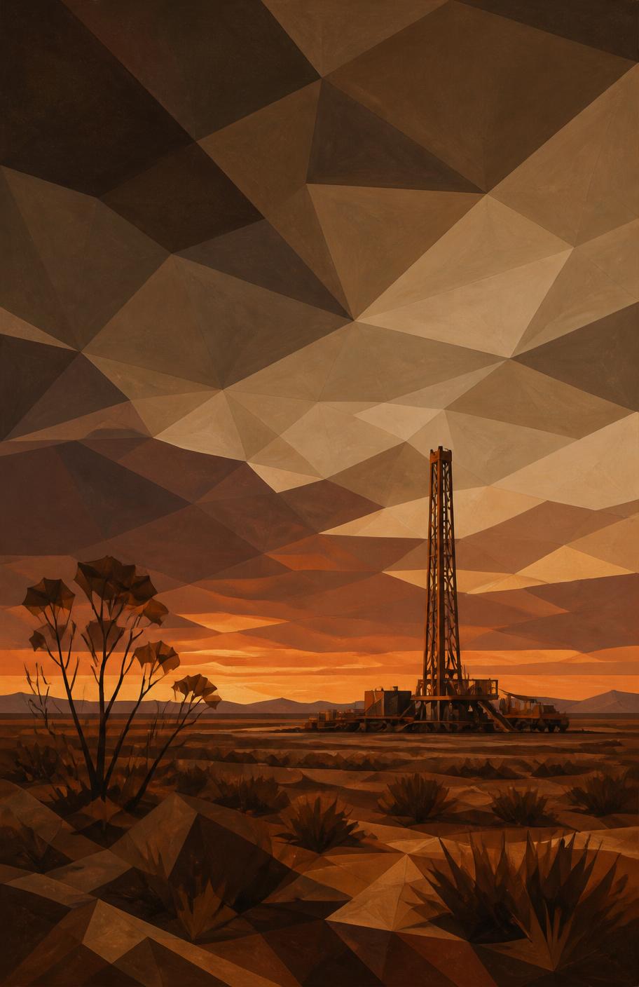 Faceted painted illustration of a drill rig at dusk on a Western Australian plain