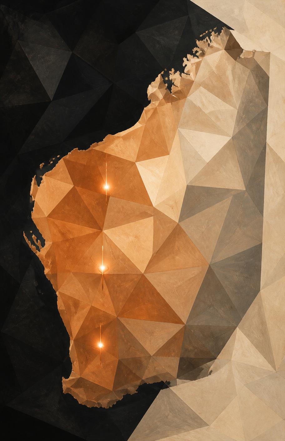 Faceted painted map of Western Australia with three well markers
