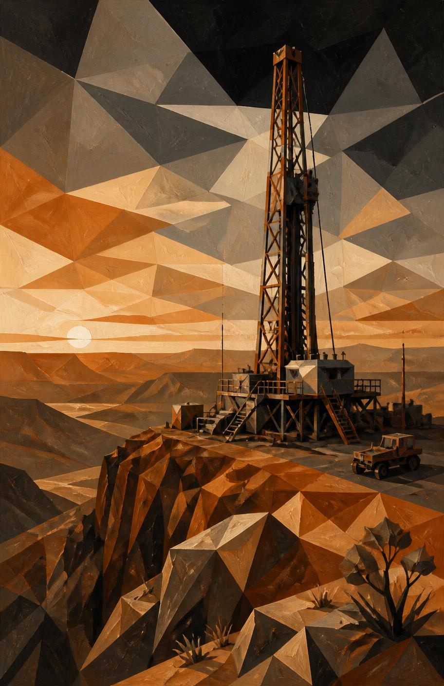 Faceted painted illustration of a deep drilling rig on a Western Australian ridge