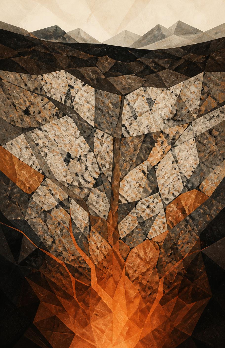 Faceted painted cross section of granite bedrock with heat rising from depth